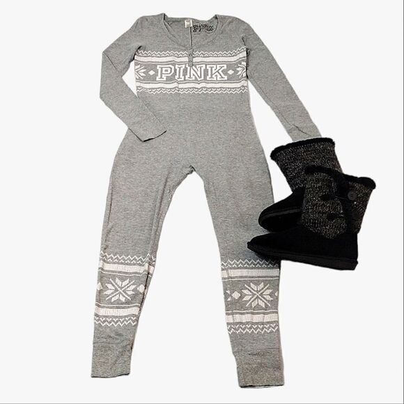 PINK VS 2016 Grey Fair Isle Winter Thermal Long Sleeve Onesie PJs Medium - Picture 8 of 16